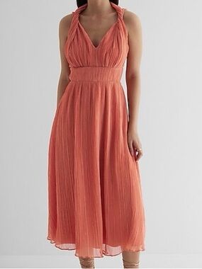 Express Coral Twist-Halter Pleated Midi Dress- Medium